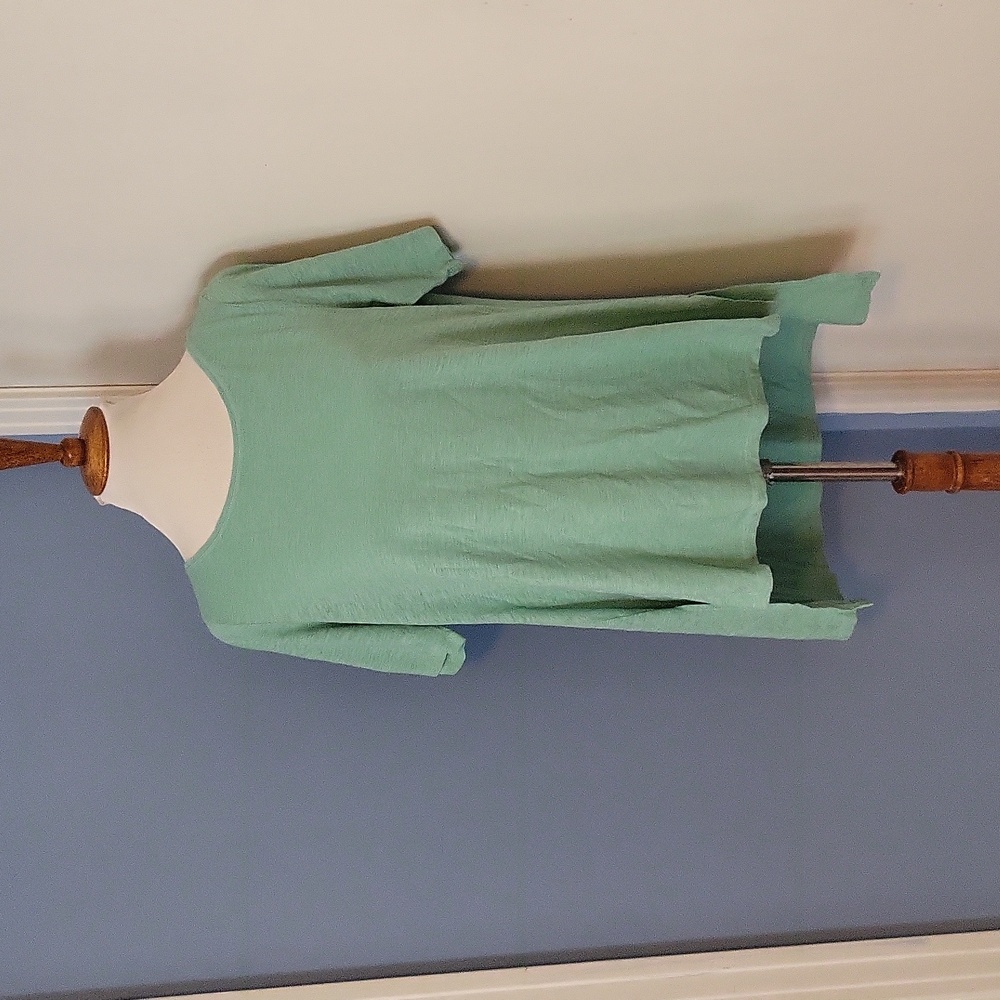 Eileen Fisher Slub Knit Green Tee Round Neck Hi Low Hem Medium Top